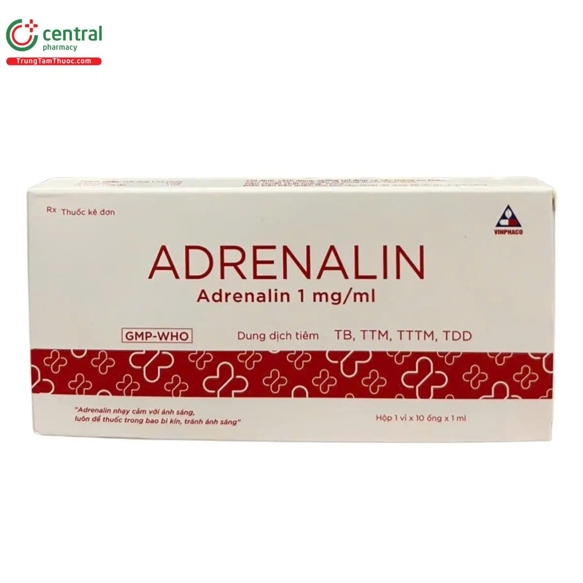 Adrenalin 1mg/1ml Vinphaco (hộp 10 ống) điều trị sốc phản vệ , hen phế quản, viêm mũi, viêm mống mắt