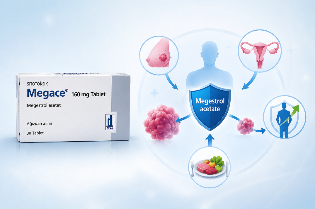 Cơ chế tác dụng của thuốc Megace 160mg Deva (Megestrol acetate) Hình minh họa cơ chế tác dụng của Megace 160mg Deva trong điều trị ung thư và cải thiện tình trạng chán ăn, sụt cân ở bệnh nhân ung thư.