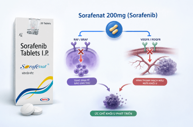 Hình minh họa cơ chế tác dụng của Sorafenat 200mg (Sorafenib): ức chế các kinase RAF, VEGFR và PDGFR, ngăn tăng sinh tế bào ung thư và hình thành mạch máu nuôi khối u.