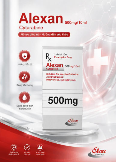 Hình minh hoạ thuốc Alexan 500mg/10ml chứa Cytarabine ức chế tổng hợp DNA tế bào ung thư