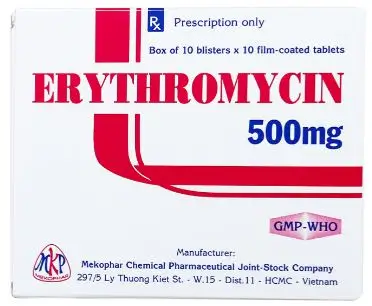 Erythromycin Mekophar 500mg trị nhiễm khuẩn đường hô hấp, da, mô mềm (10 vỉ x 10 viên)