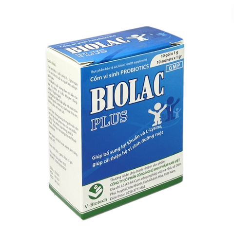 Biolac-plus giúp bổ sung lợi khuẩn và L-Lysine, giúp cân bằng hệ vi sinh đường ruột, giúp tiêu hoá và hấp thu tốt - Hộp 10 gói x 1g - Nam Việt