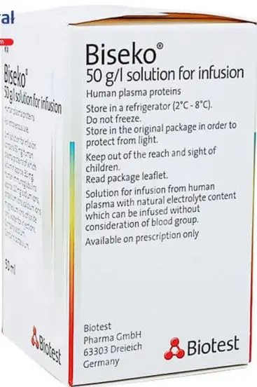 Thuốc Biseko 50 g/l chai 50ml để bù thể tích máu bị mất, giảm protein huyết, giảm albumin huyết, và phòng ngừa nhiễm trùng