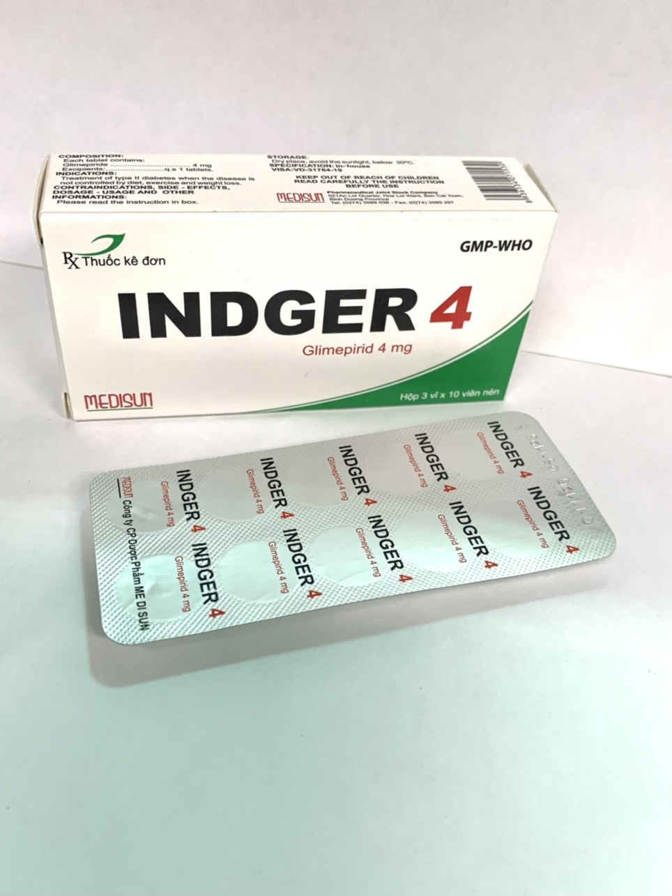 Thuốc INDGER 4mg (Glimepirid 4mg) Medisum/16 – Giúp hạ đường huyết, hỗ trợ điều trị đái tháo đường tuýp 2 (hộp 3 vỉ x 10 viên)