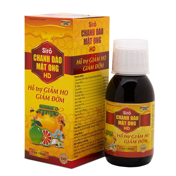 Siro Chanh Đào Mật Ong HD, hỗ trợ bổ phế, giảm ho, khàn tiếng (Hộp 1 chai x 100ml)