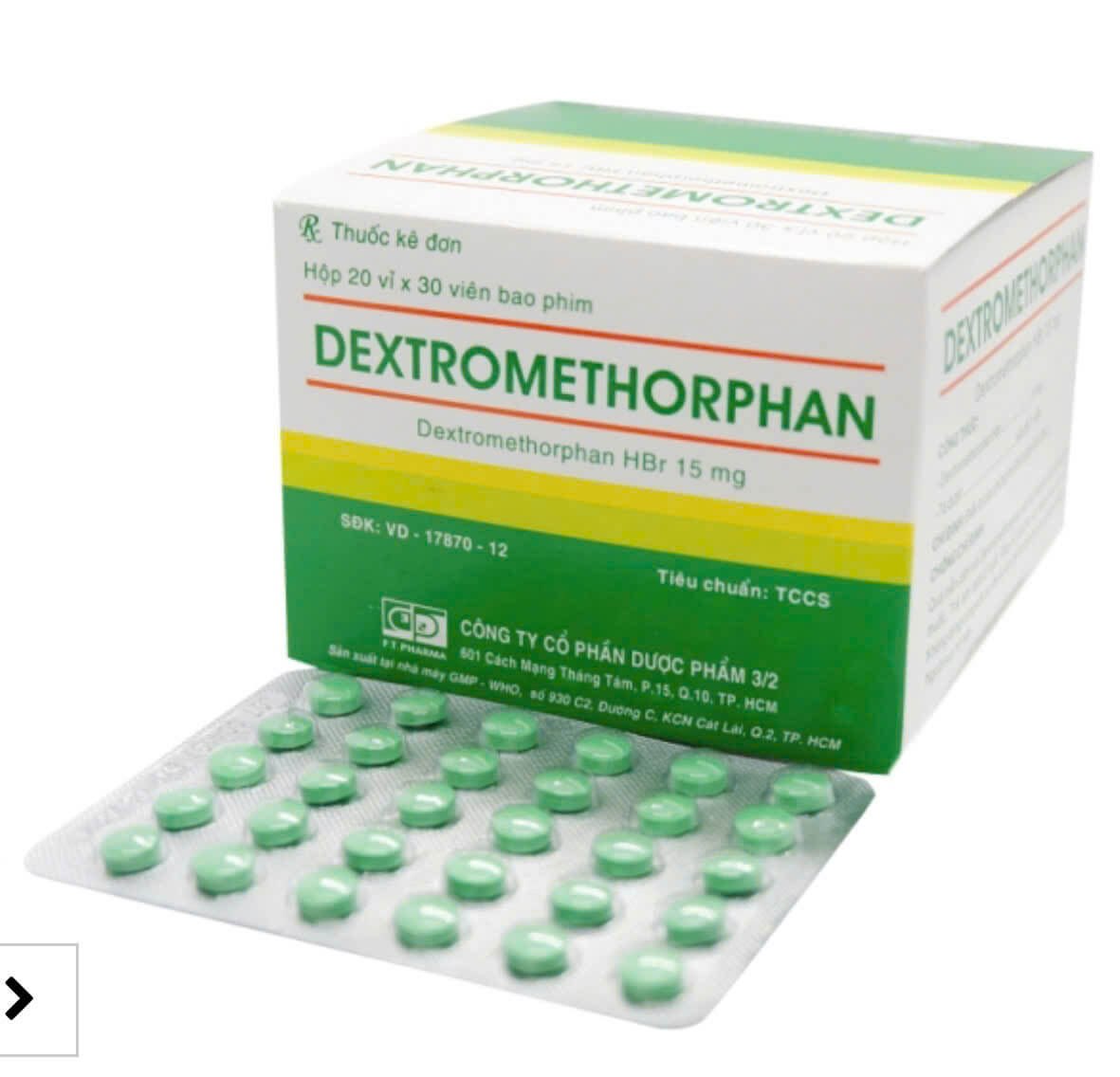 Dextromethorphan 15mg FT.Pharma Giúp điều trị ho và phế quản bị kích thích