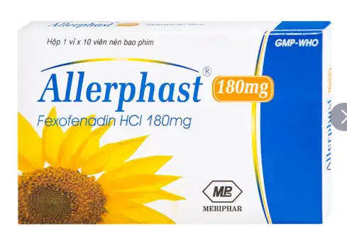 Thuốc Allerphast 180mg Mebiphar điều trị viêm mũi dị ứng theo mùa, mày đay mạn tính vô căn (1 vỉ x 10 viên)\
