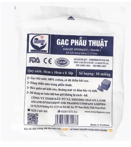 Gạc phẫu thuật TMC 10cm x 10cm x 8 lớp An Lành dùng thấm máu trong phẫu thuật (10 miếng)