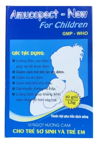 Thuốc bột Amucopect-New For Children Pharbaco hương cam giúp loãng đờm, tan đờm (10 gói x 1.5g)