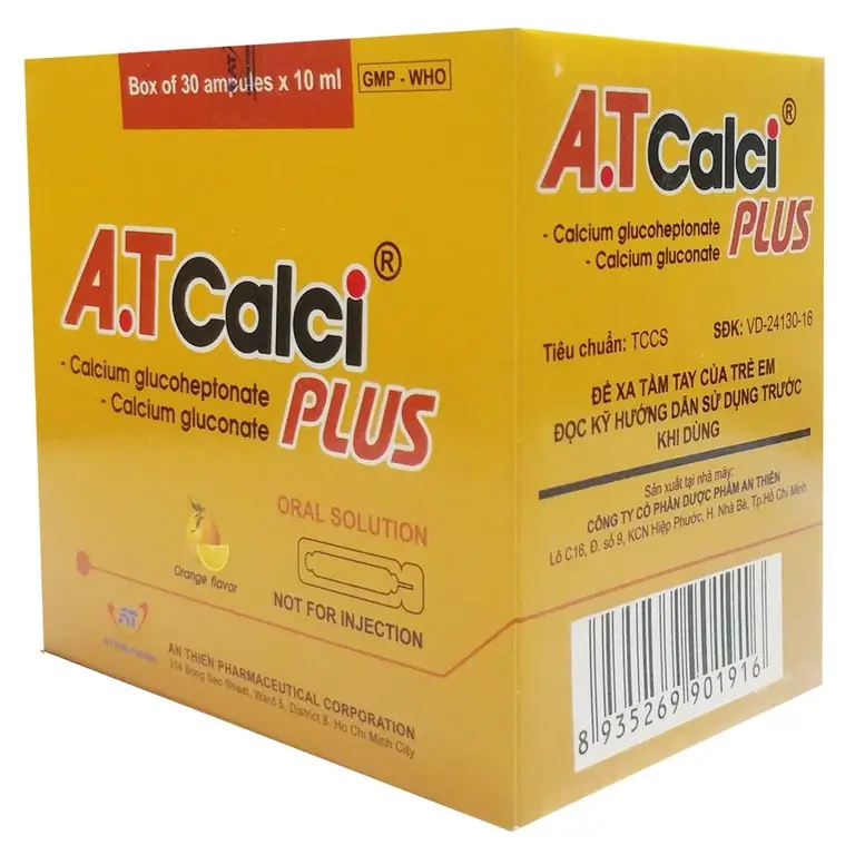 Dung dịch uống A.T Calci Plus An Thiên hương cam cung cấp canxi cho cơ thể (30 ống x 10ml)