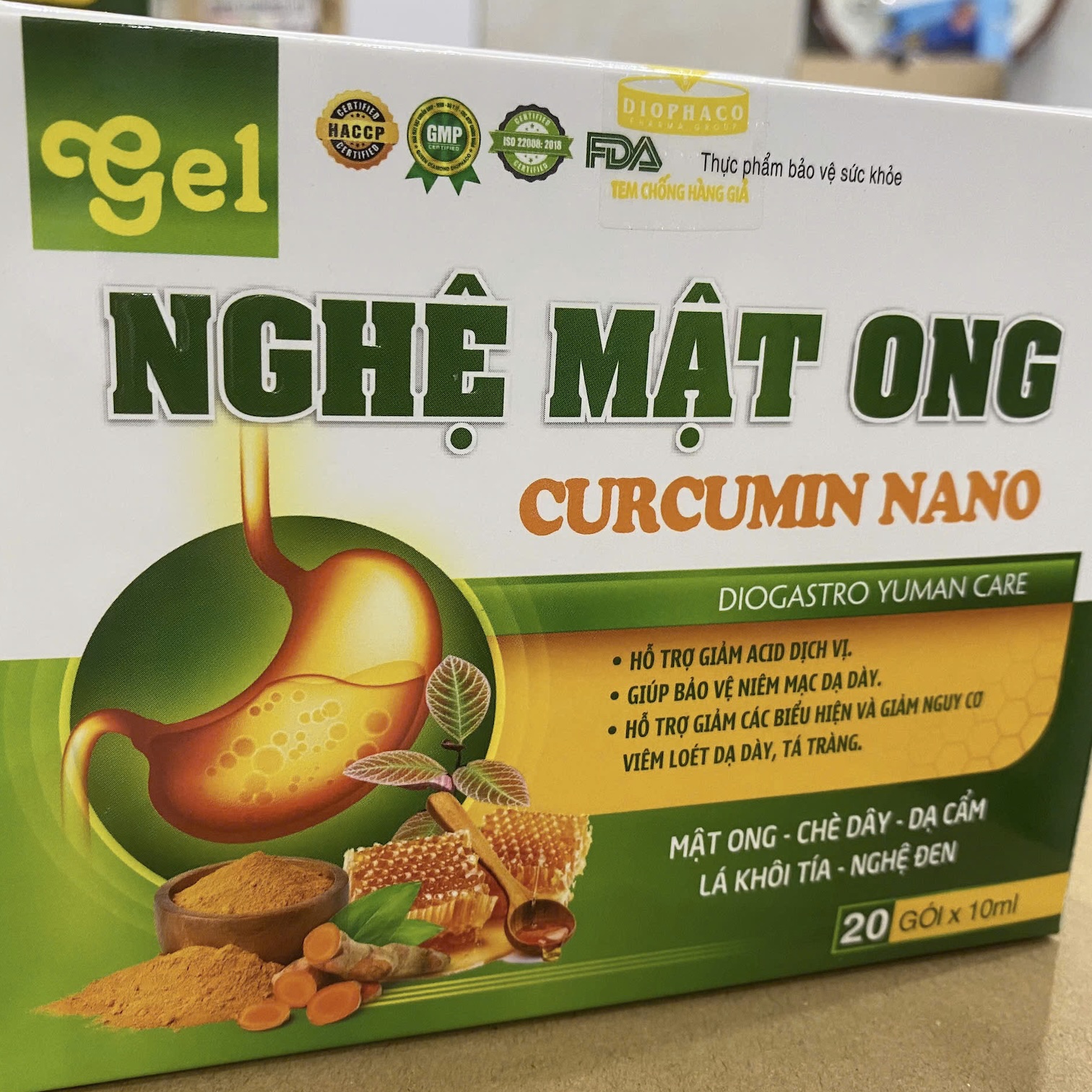 Gel Nghệ Mật Ong Curcumin Nano Diogastro Yuman Care giúp giảm nguy cơ viêm loét dạ dày