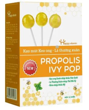 Kẹo mút keo ong lá thường xuân Happy Vitamin hỗ trợ ngăn ngừa ho, viêm họng, khản tiếng, bảo vệ vòm họng 12 que/hộp