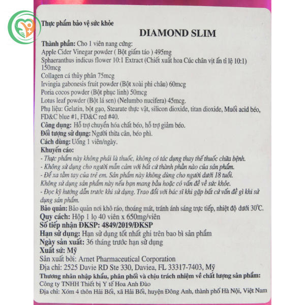 Viên uống Diamond Slim USA giảm cân, giảm mỡ bụng, chống lão hóa, làm đẹp da 
