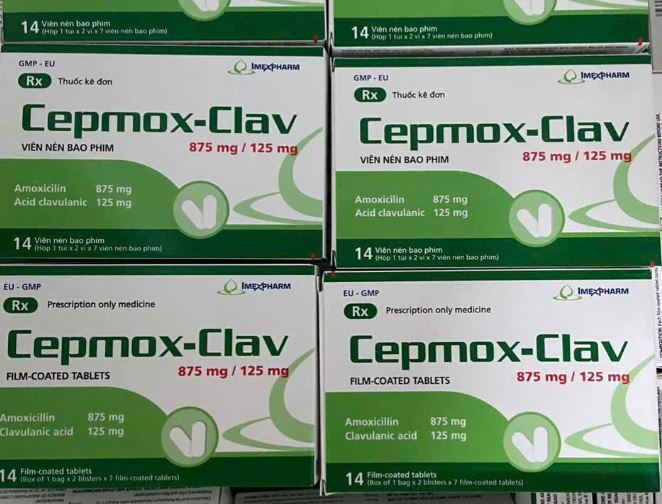 Thuốc Cepmox-Clav 875mg/125mg Imexpharm điều trị viêm xoang cấp tính do vi khuẩn, viêm tai giữa cấp tính (2 vỉ x 7 viên)